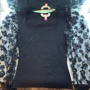 Elegant Black Top with Floral Sleeves